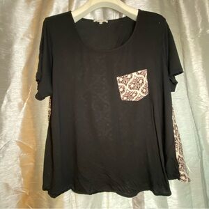 Rose + Olive Black Pocket Tee Patterned Back Top Women’s 2X